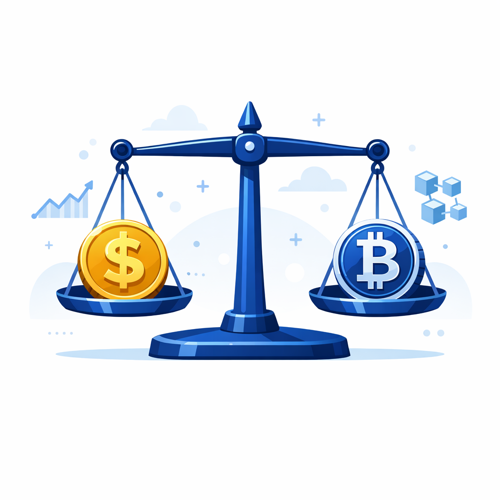 Ilustracja równowagi między dolarem a kryptowalutą – idea stablecoinów