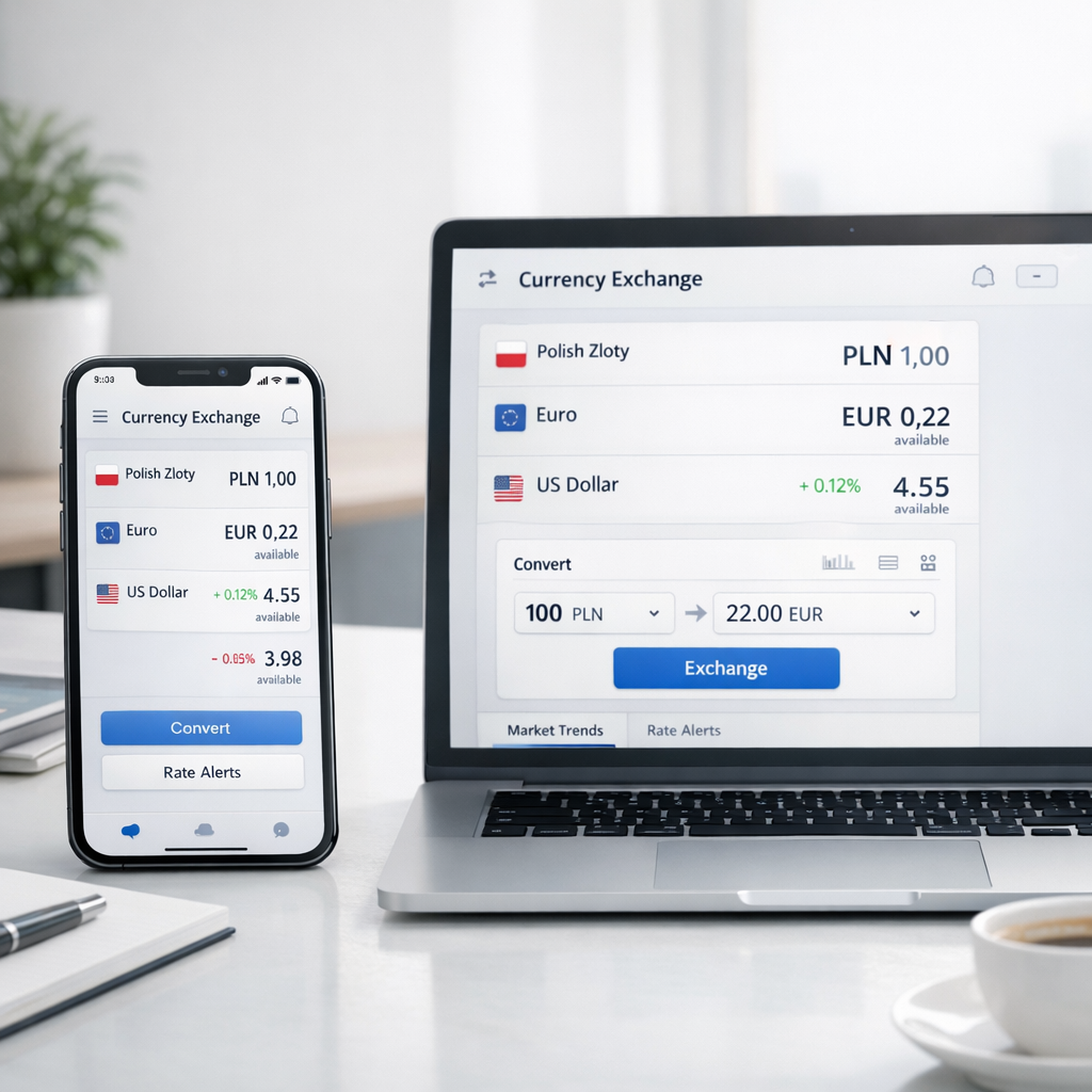 Interfejs kantoru online z kursami walut w czasie rzeczywistym